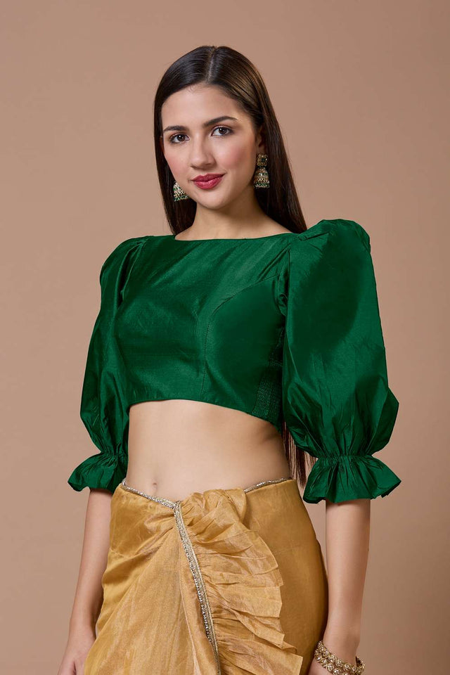 Green Solid Silk Boat Neck Blouse