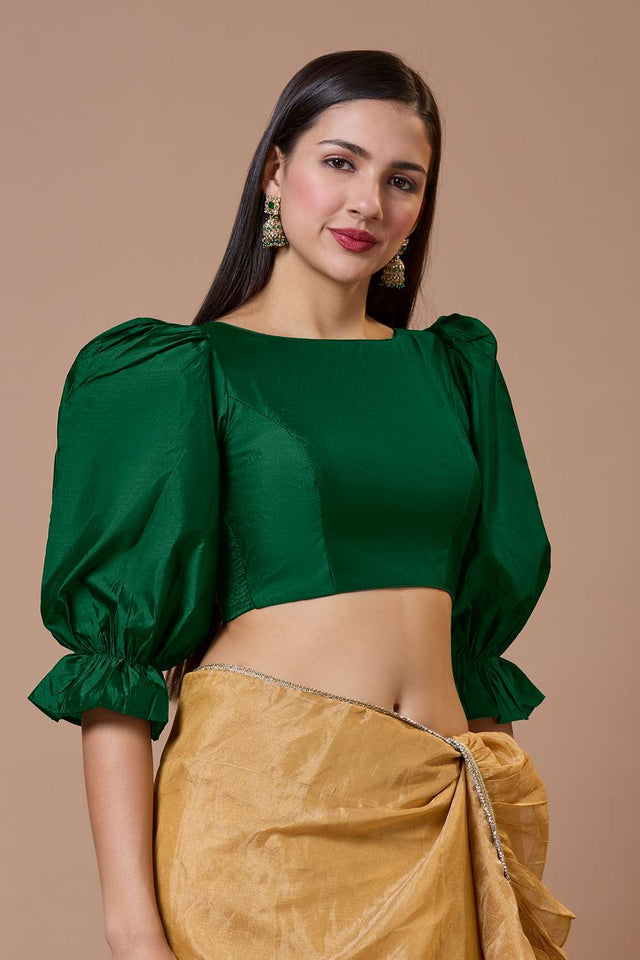 Green Solid Silk Boat Neck Blouse