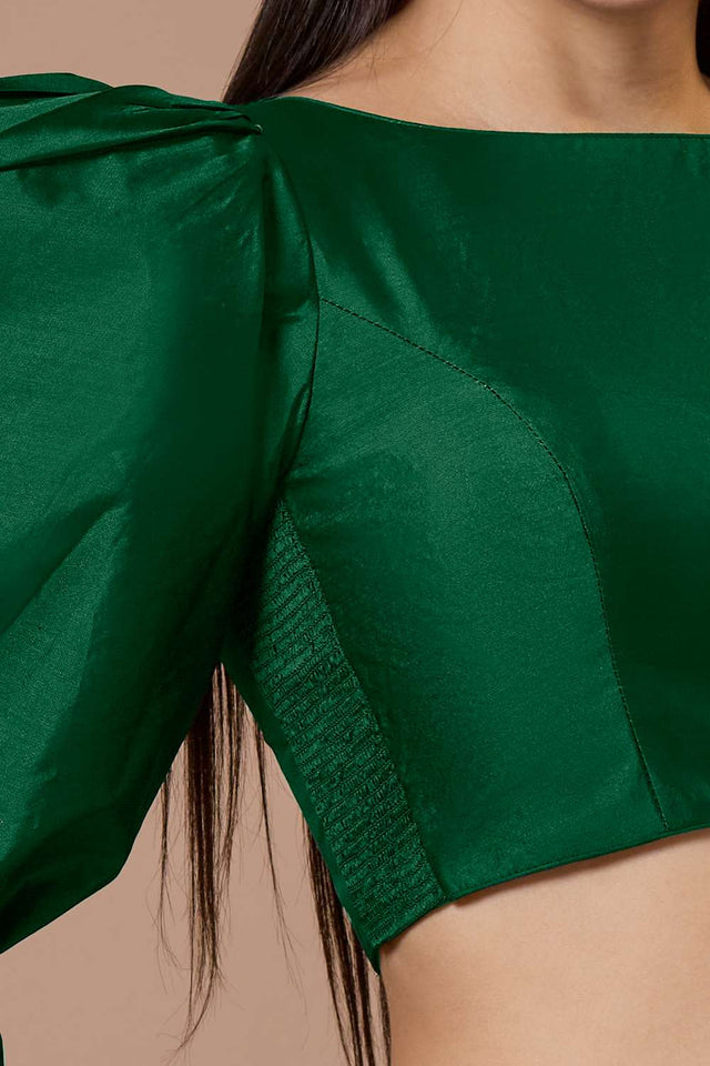 Green Solid Silk Boat Neck Blouse