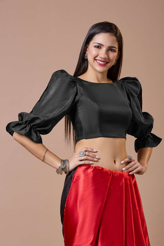 Black Solid Silk Boat Neck Blouse