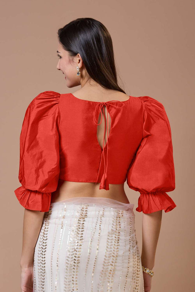 Red Solid Silk Boat Neck Blouse