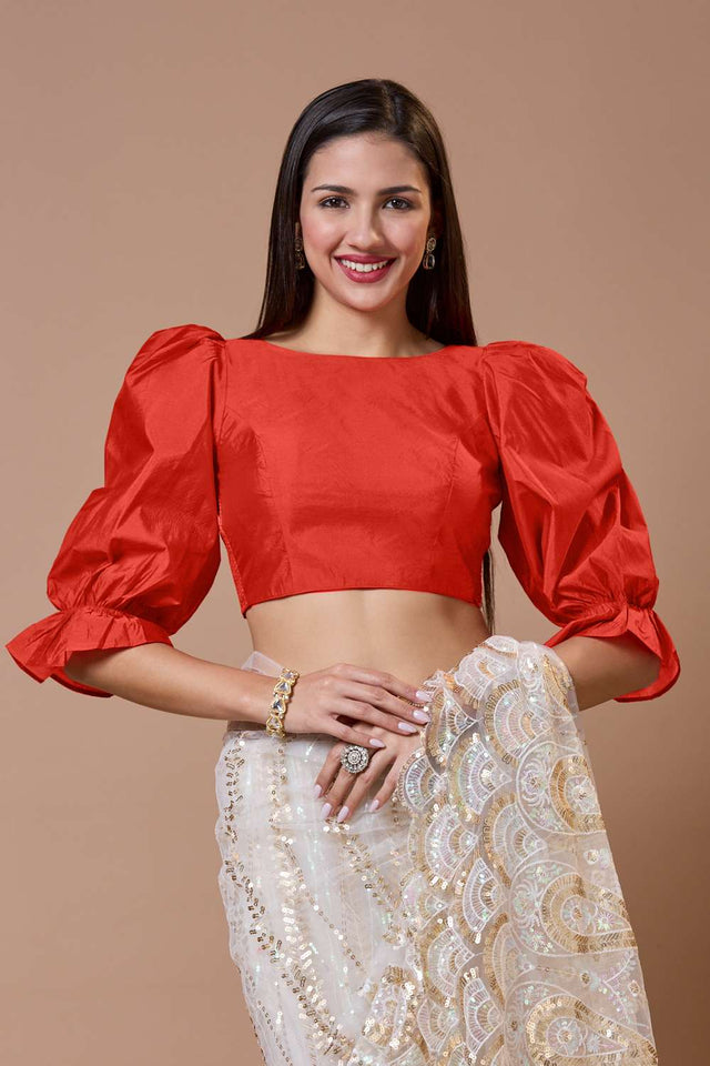 Red Solid Silk Boat Neck Blouse