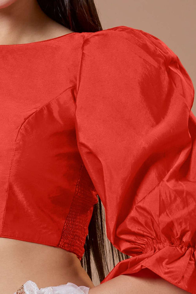 Red Solid Silk Boat Neck Blouse