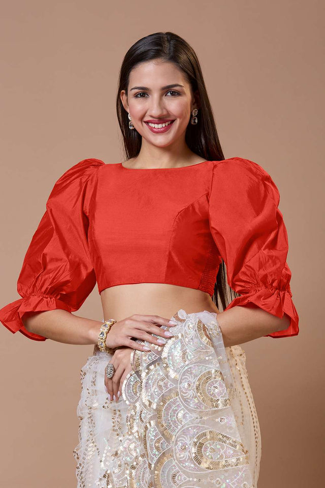 Red Solid Silk Boat Neck Blouse