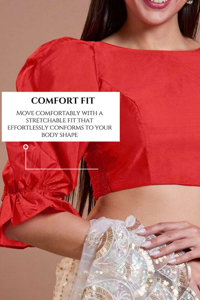 Red Solid Silk Boat Neck Blouse