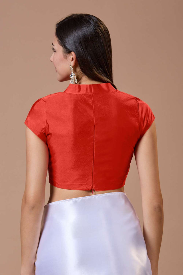 Red Solid Silk Collar Neck Blouse