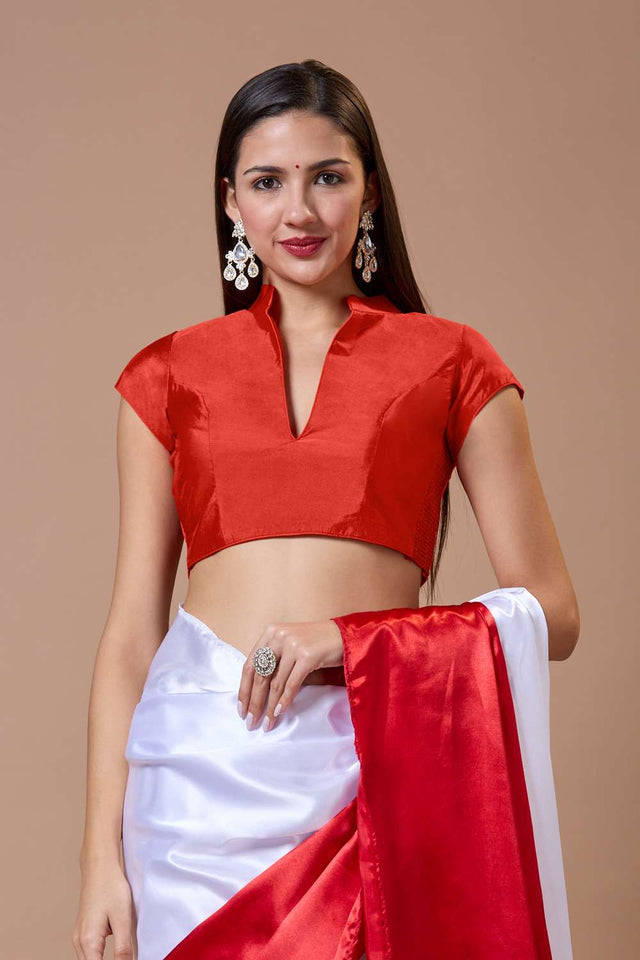 Red Solid Silk Collar Neck Blouse