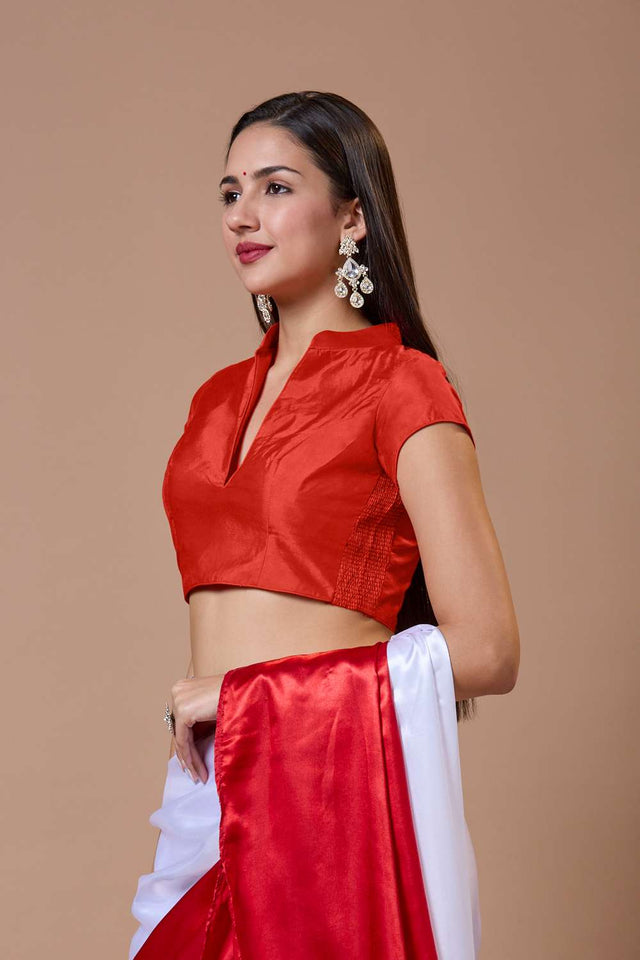 Red Solid Silk Collar Neck Blouse