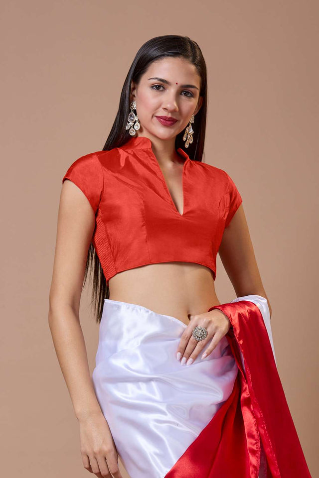 Red Solid Silk Collar Neck Blouse