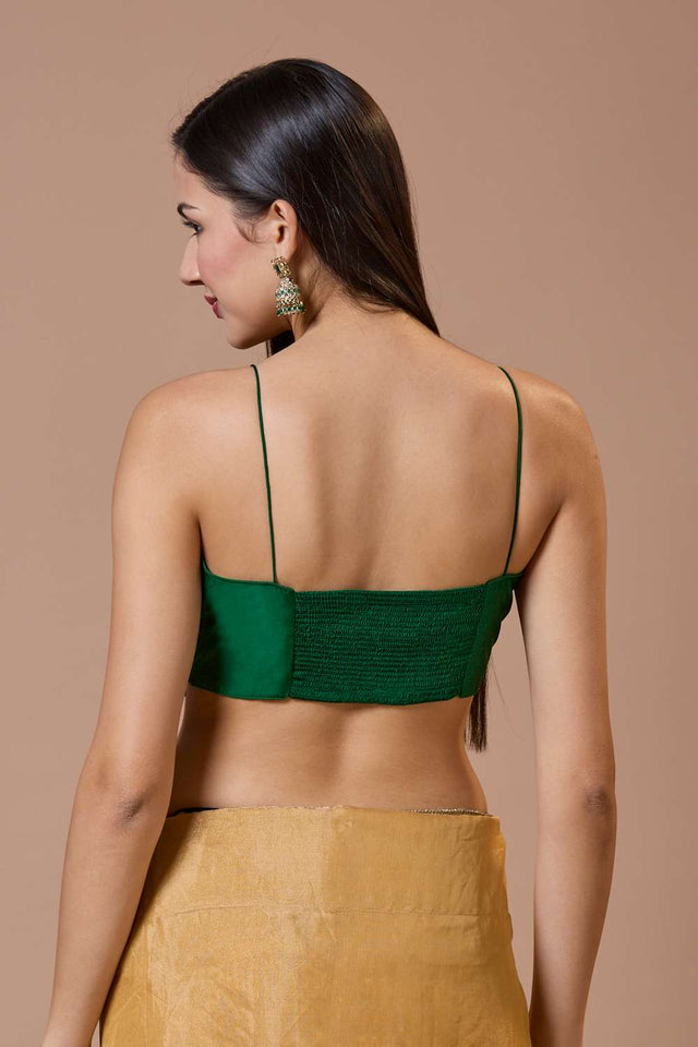 Green Solid Silk Square Neck Blouse