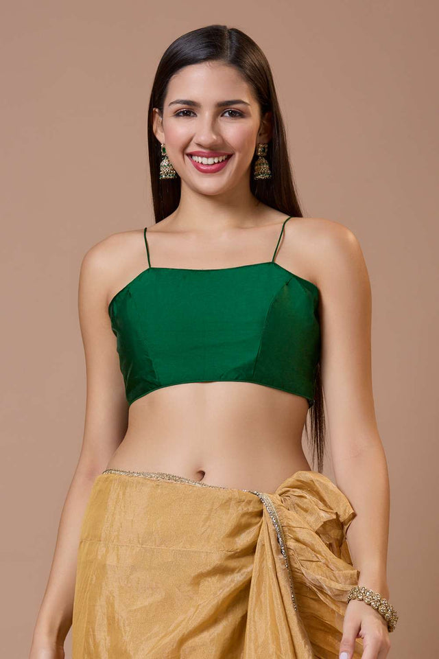 Green Solid Silk Square Neck Blouse