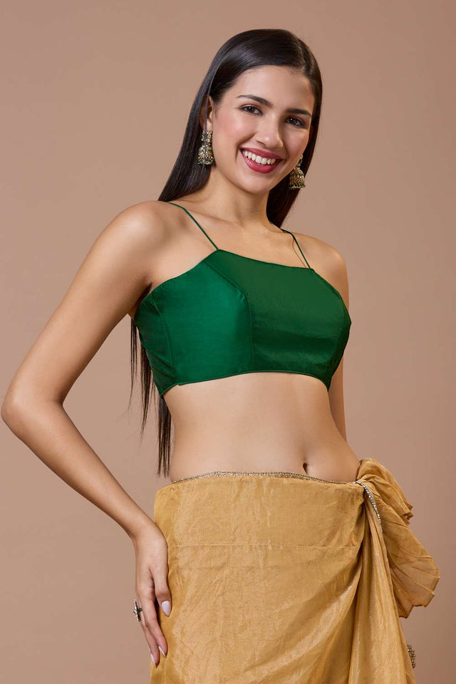 Green Solid Silk Square Neck Blouse