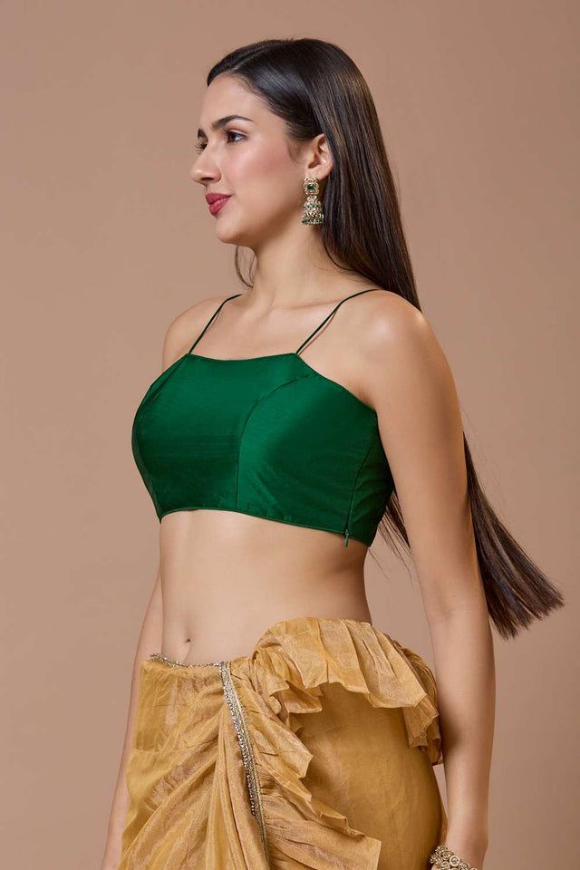 Green Solid Silk Square Neck Blouse