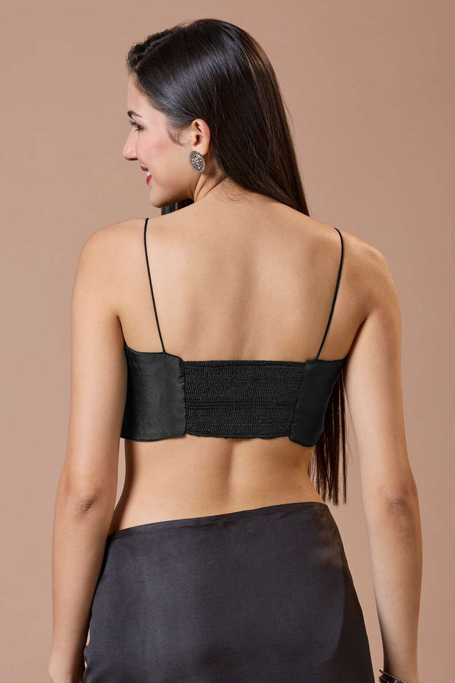 Black Solid Silk Square Neck Blouse