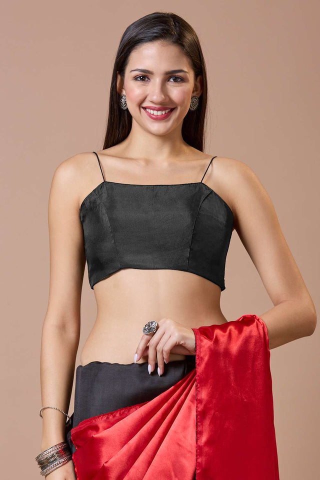 Black Solid Silk Square Neck Blouse