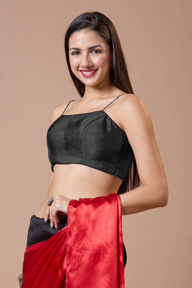 Black Solid Silk Square Neck Blouse