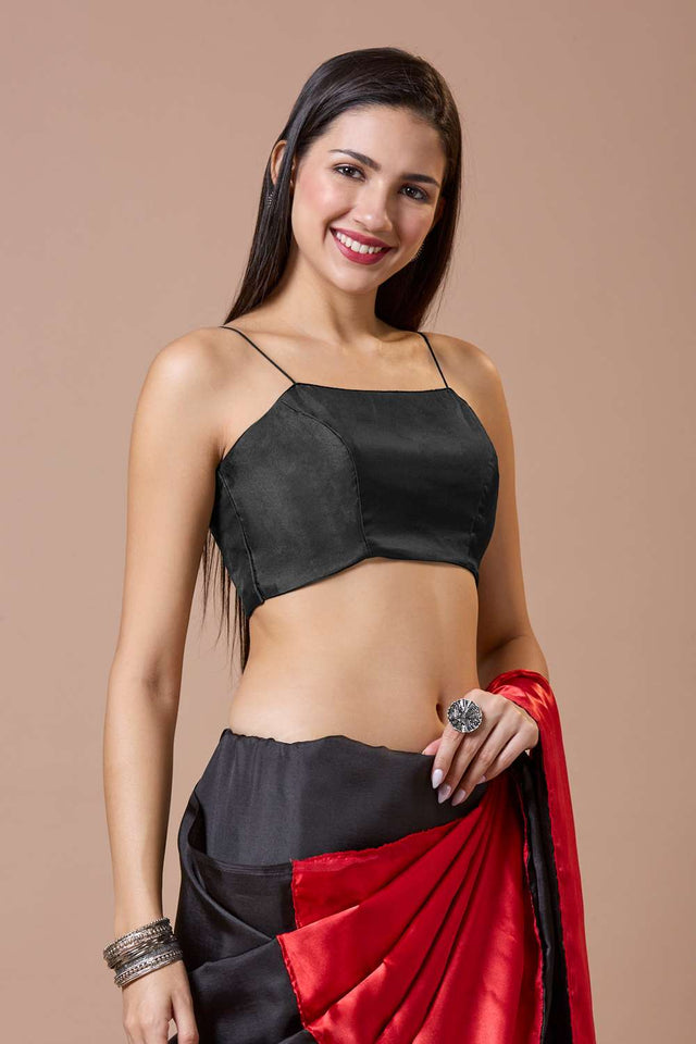 Black Solid Silk Square Neck Blouse