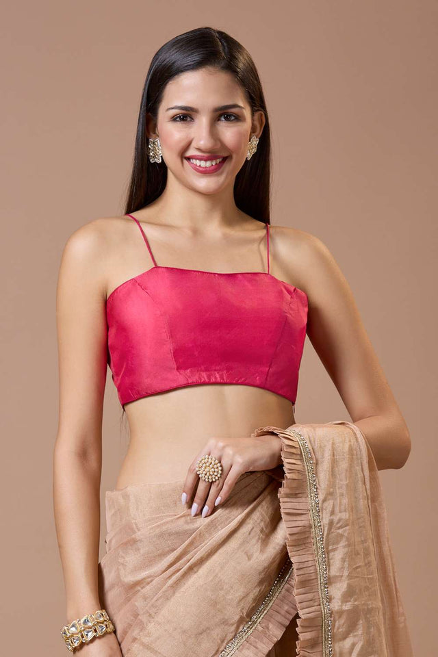 Pink Solid Silk Square Neck Blouse