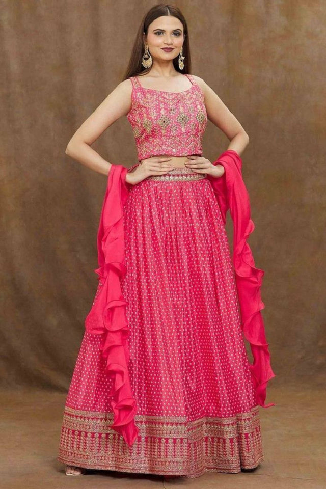Pink Sequin with Bandhani Printed Silk Lehenga