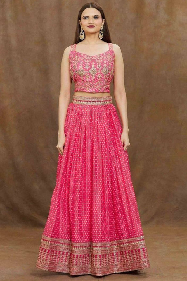 Pink Sequin with Bandhani Printed Silk Lehenga