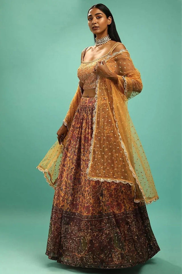 Yellow Sequin with Floral Printed Organza Lehenga