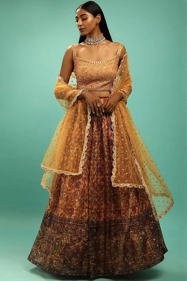 Yellow Sequin with Floral Printed Organza Lehenga