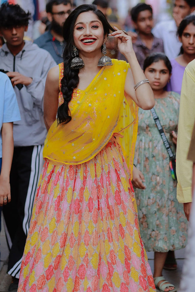 Yellow Sequin with Bandhani Printed Georgette Lehenga