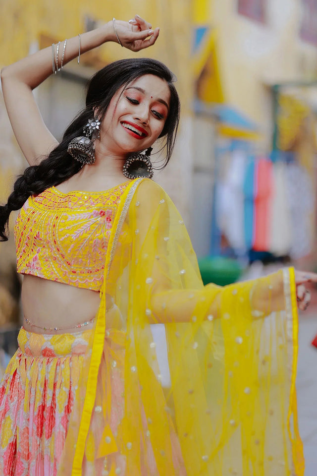 Yellow Sequin with Bandhani Printed Georgette Lehenga