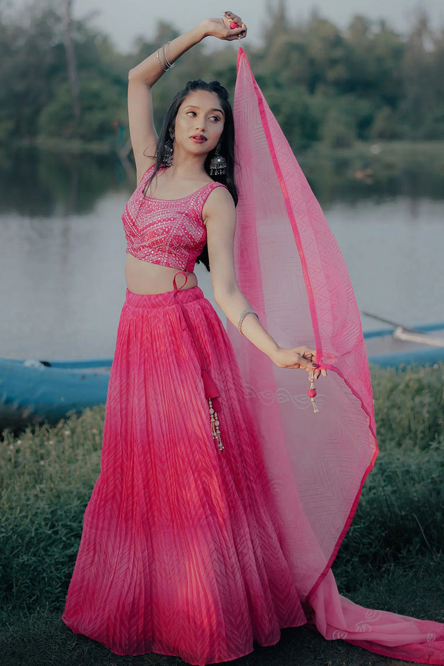 Pink Printed Net Lehenga
