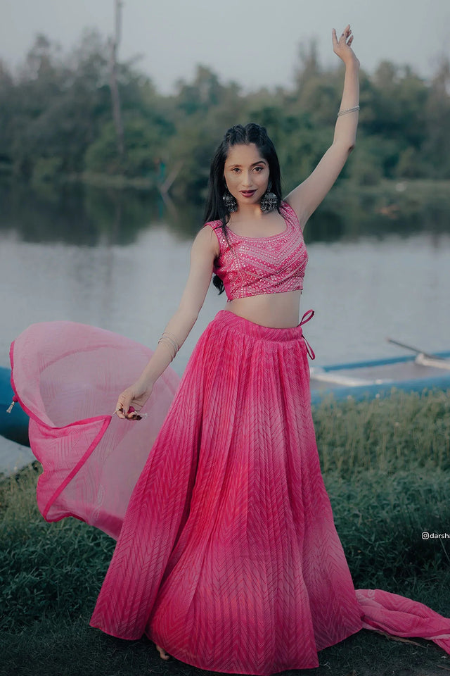 Pink Printed Net Lehenga