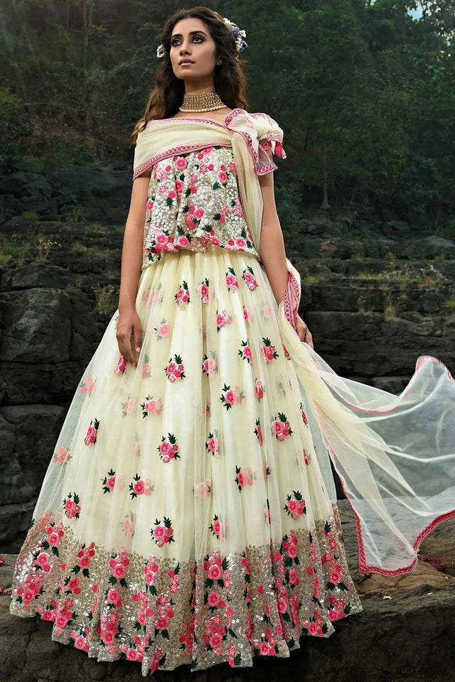 Off White Floral Embroidered Net Lehenga