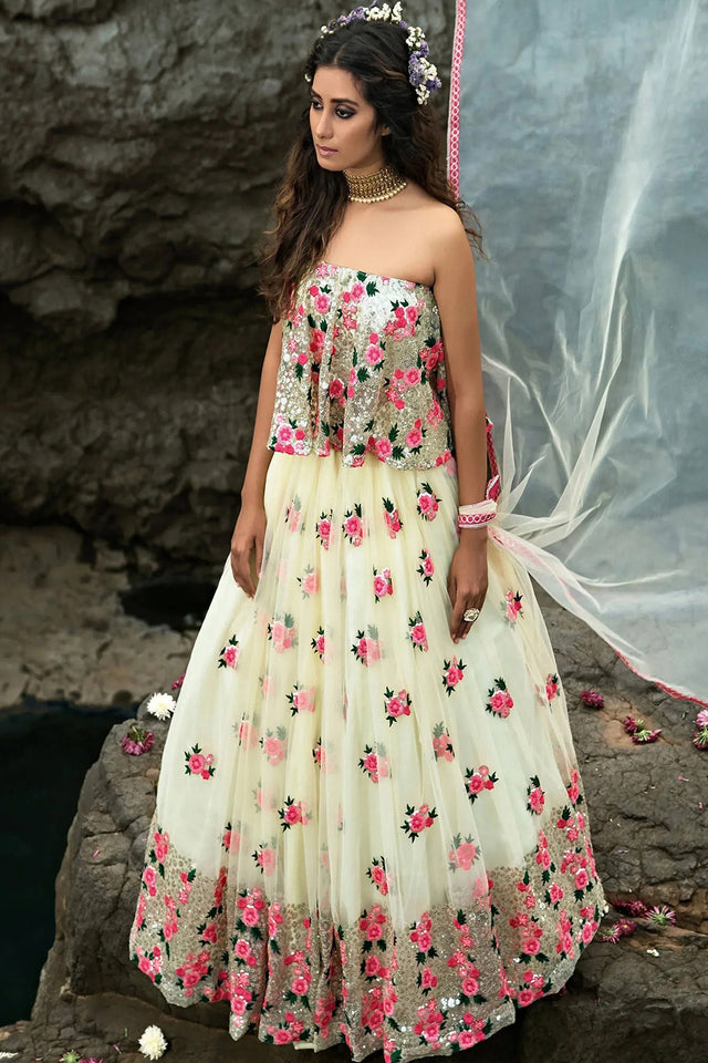 Off White Floral Embroidered Net Lehenga