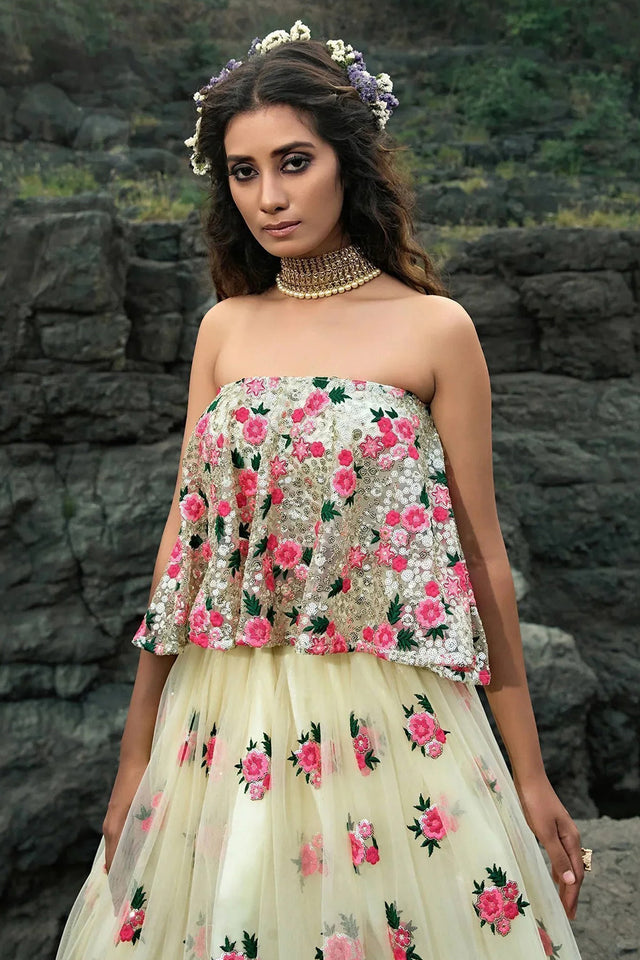 Off White Floral Embroidered Net Lehenga