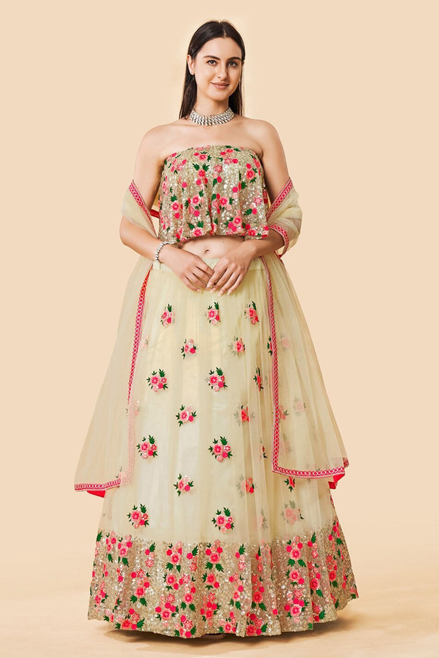 Off White Floral Embroidered Net Lehenga