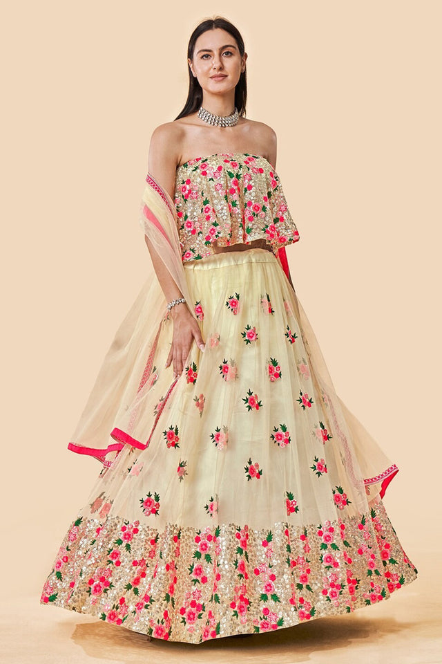 Off White Floral Embroidered Net Lehenga