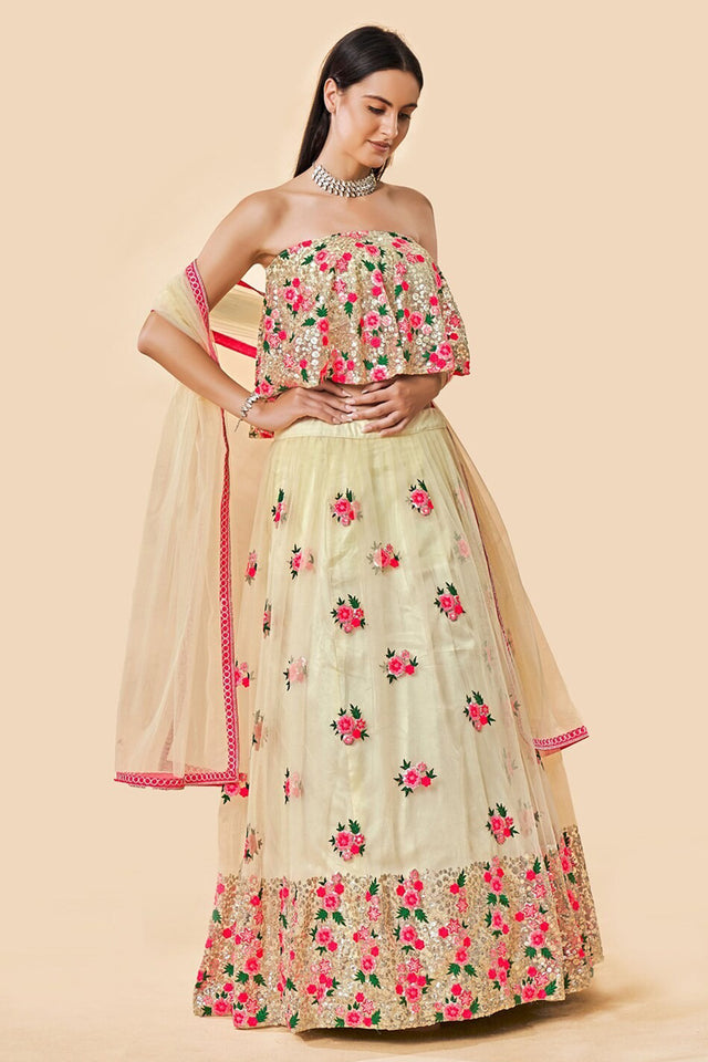 Off White Floral Embroidered Net Lehenga