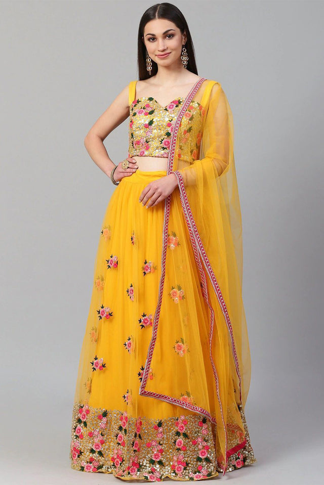 Yellow Floral Embroidered Net Lehenga
