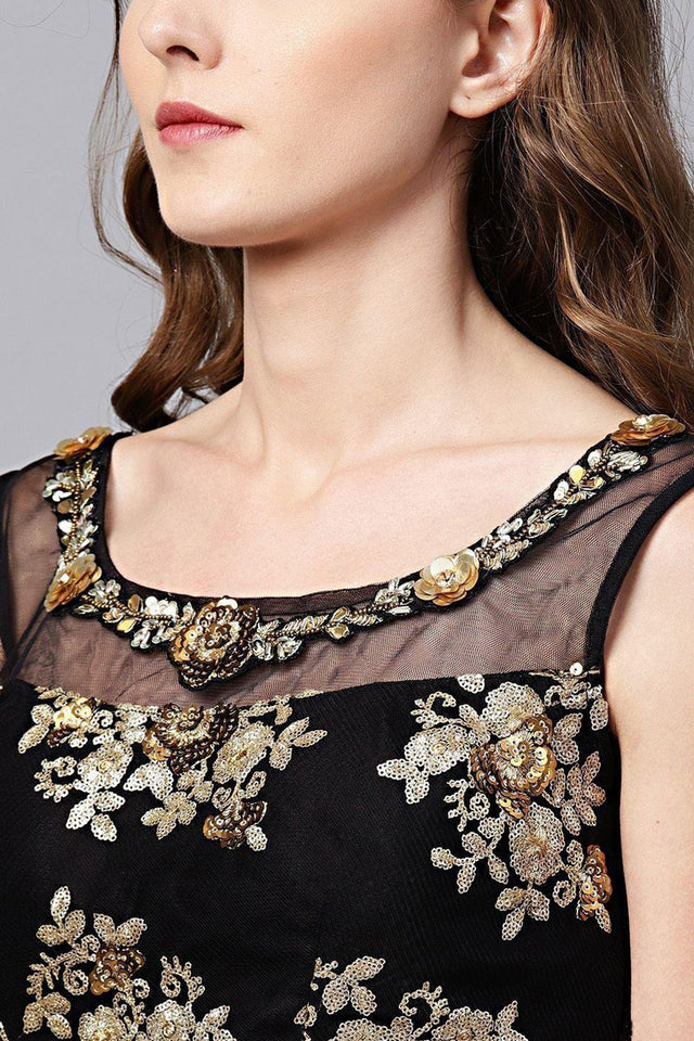 Black Floral Embroidered Net Lehenga