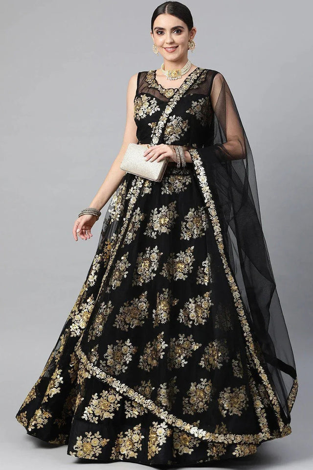 Black Floral Embroidered Net Lehenga