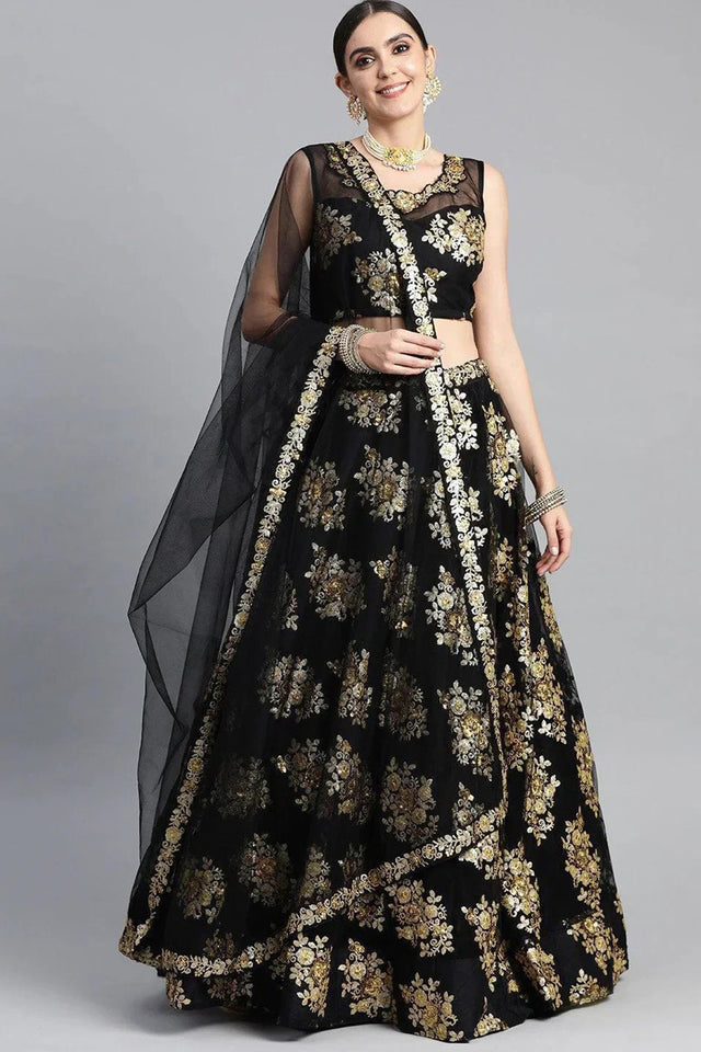 Black Floral Embroidered Net Lehenga