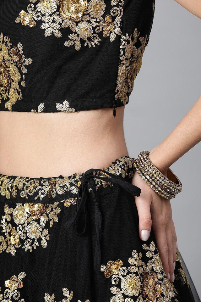 Black Floral Embroidered Net Lehenga