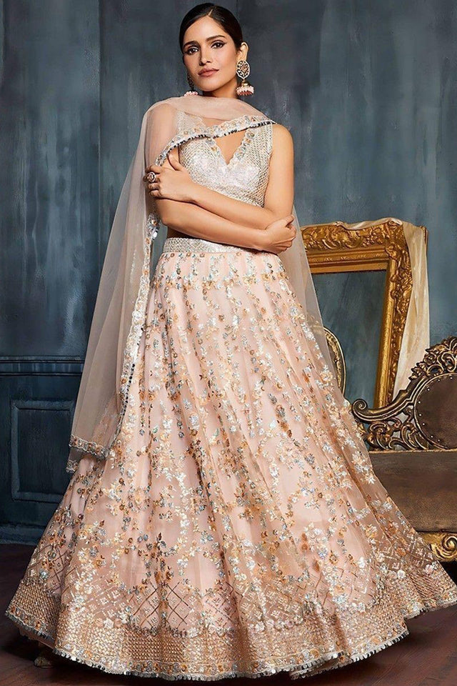 Peach Floral Embroidered Georgette Lehenga