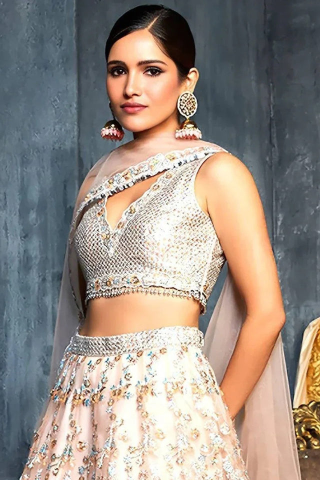 Peach Floral Embroidered Georgette Lehenga