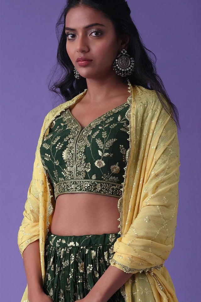 Green Floral Embroidered Georgette Lehenga