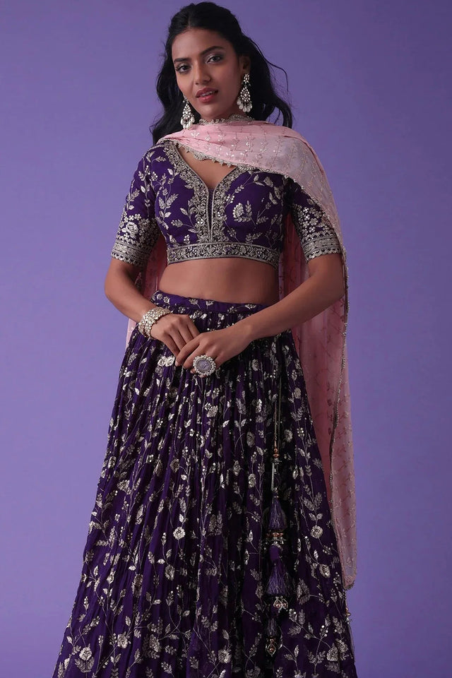 Violet Floral Embroidered Georgette Lehenga