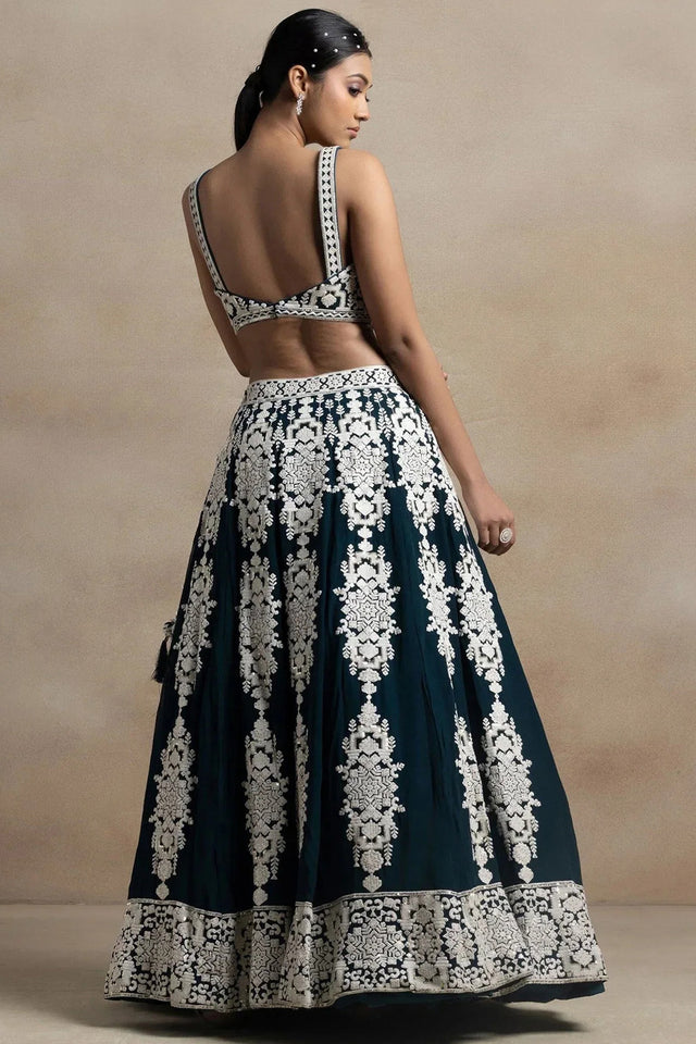 Green Embroidered Georgette Lehenga