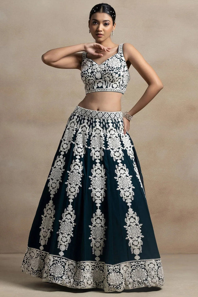 Green Embroidered Georgette Lehenga