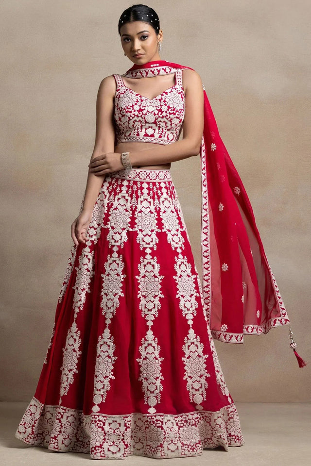 Red Embroidered Georgette Lehenga