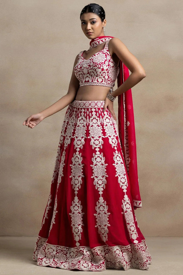 Red Embroidered Georgette Lehenga