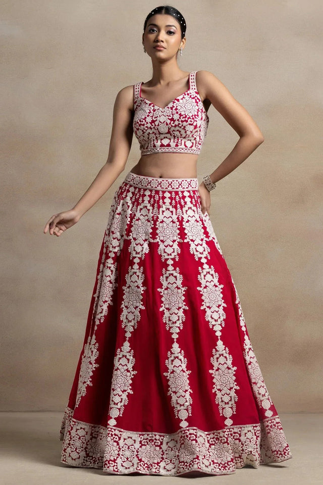 Red Embroidered Georgette Lehenga